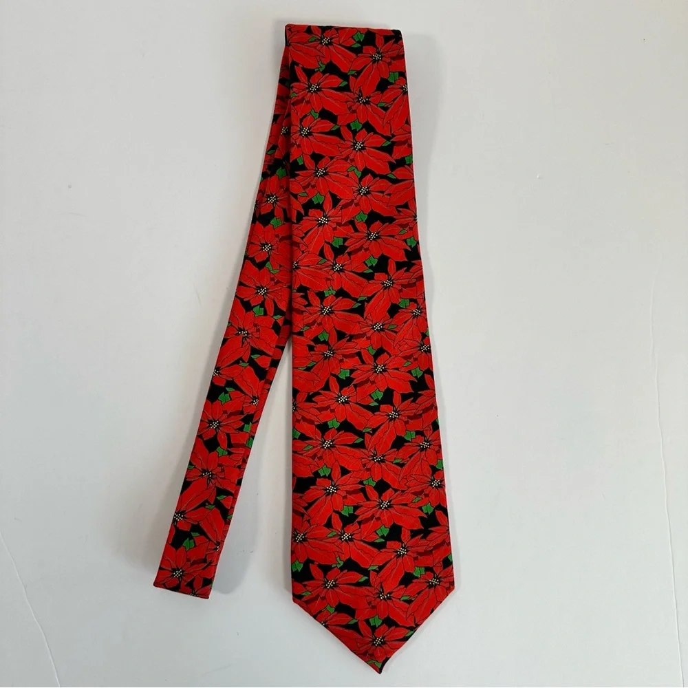 Keith Daniels Christmas Necktie Red Poinsettia Floral Holiday Festive‎